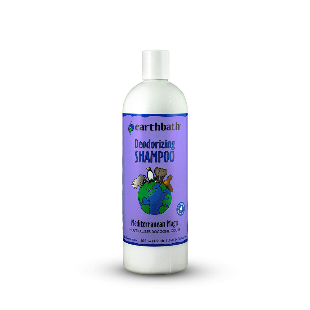 earthbath Mediterranean Magic shampoo bottle demonstrates plant-based deodorizing for dogs