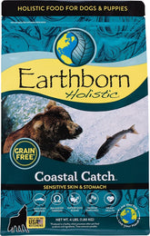 Earthborn Coastal Catch bag front highlighting grain-free recipe for active dogs