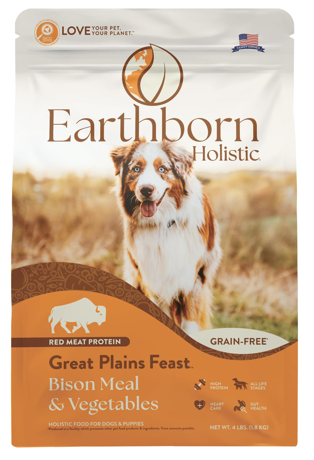 Earthborn Great Plains Feast bison-beef meal bowl supports active dog's protein needs.