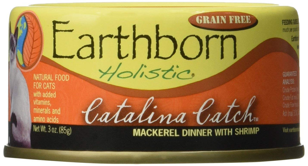 Earthborn Holistic Catalina Catch cat food can with mackerel and shrimp supports healthy skin and coat.