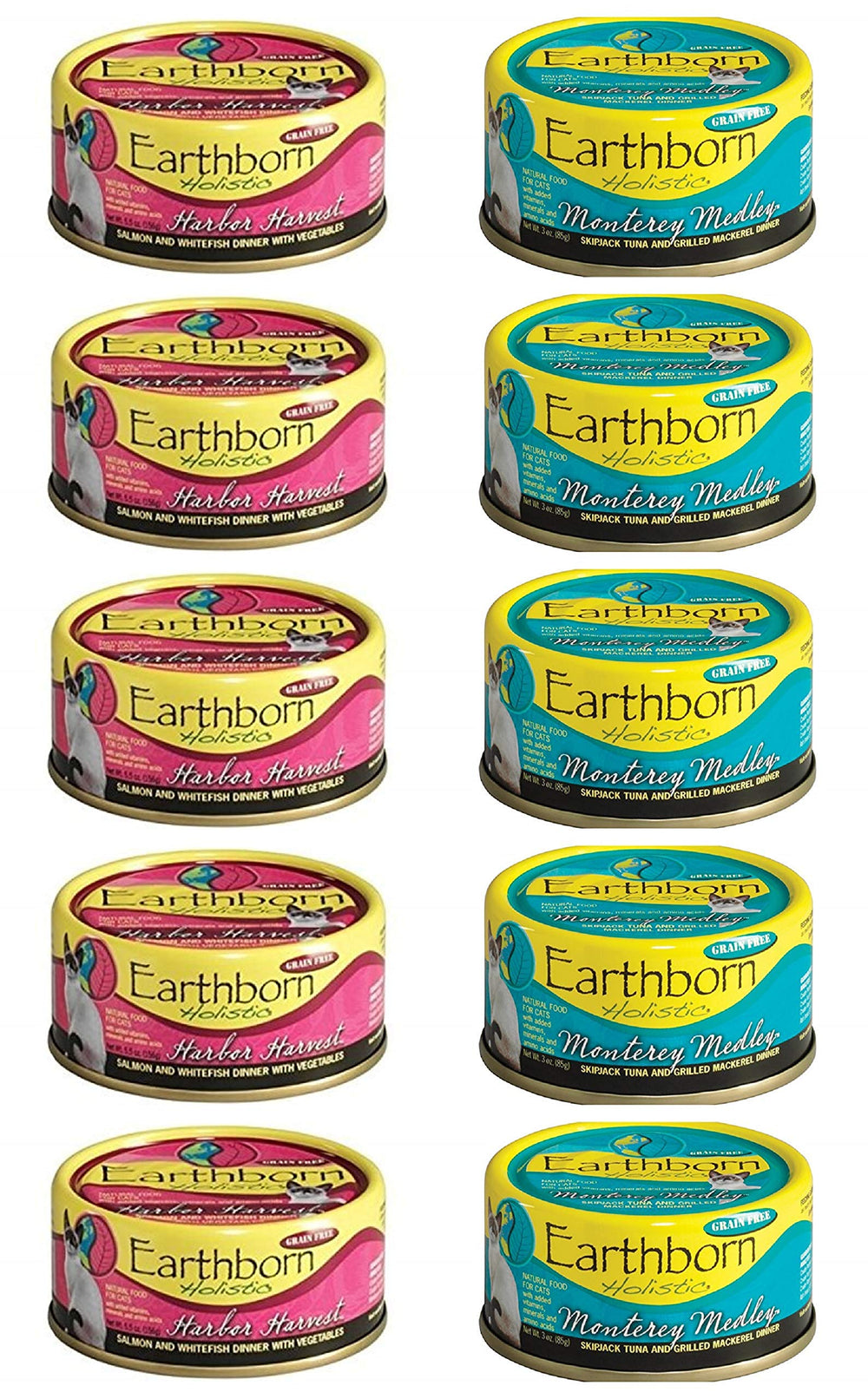 Earthborn Holistic Harbor Harvest packaging highlights grain free nutrition for cats