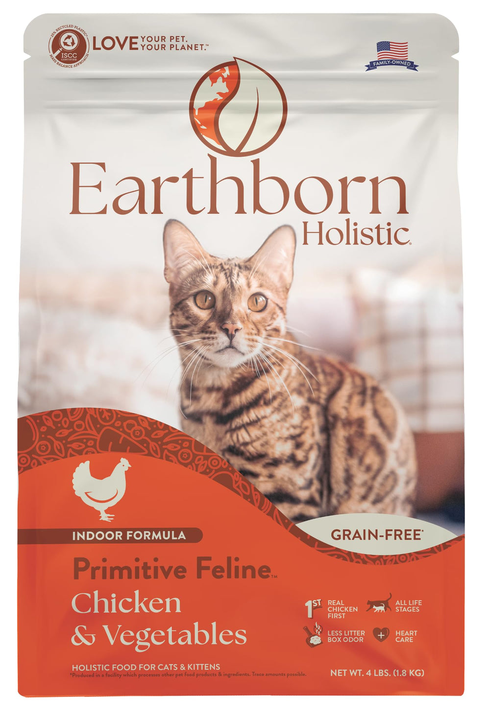 Earthborn Holistic Primitive Feline grain-free dry food bag shows premium protein source for cats
