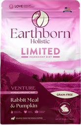 Earthborn Holistic Venture rabbit meal pumpkin bag highlights a limited-ingredient recipe suitable for sensitive dogs