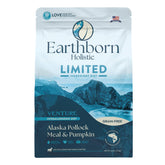 Earthborn Holistic Venture Alaska Pollock Meal Pumpkin bag highlights a grain-free recipe for dogs.