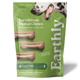 Earthly Presidio Earthbones dental chews large packaging closeup highlighting the new branding for gentle dog dental care