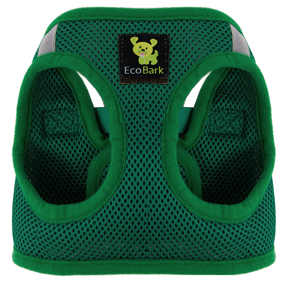 EcoBark forest-green harness closeup buckle emphasizes secure hardware for reliable everyday walks.