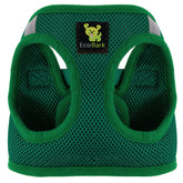 EcoBark forest-green harness closeup buckle emphasizes secure hardware for reliable everyday walks.