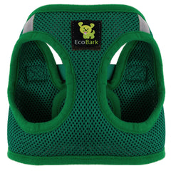 EcoBark forest-green harness closeup buckle emphasizes secure hardware for reliable everyday walks.