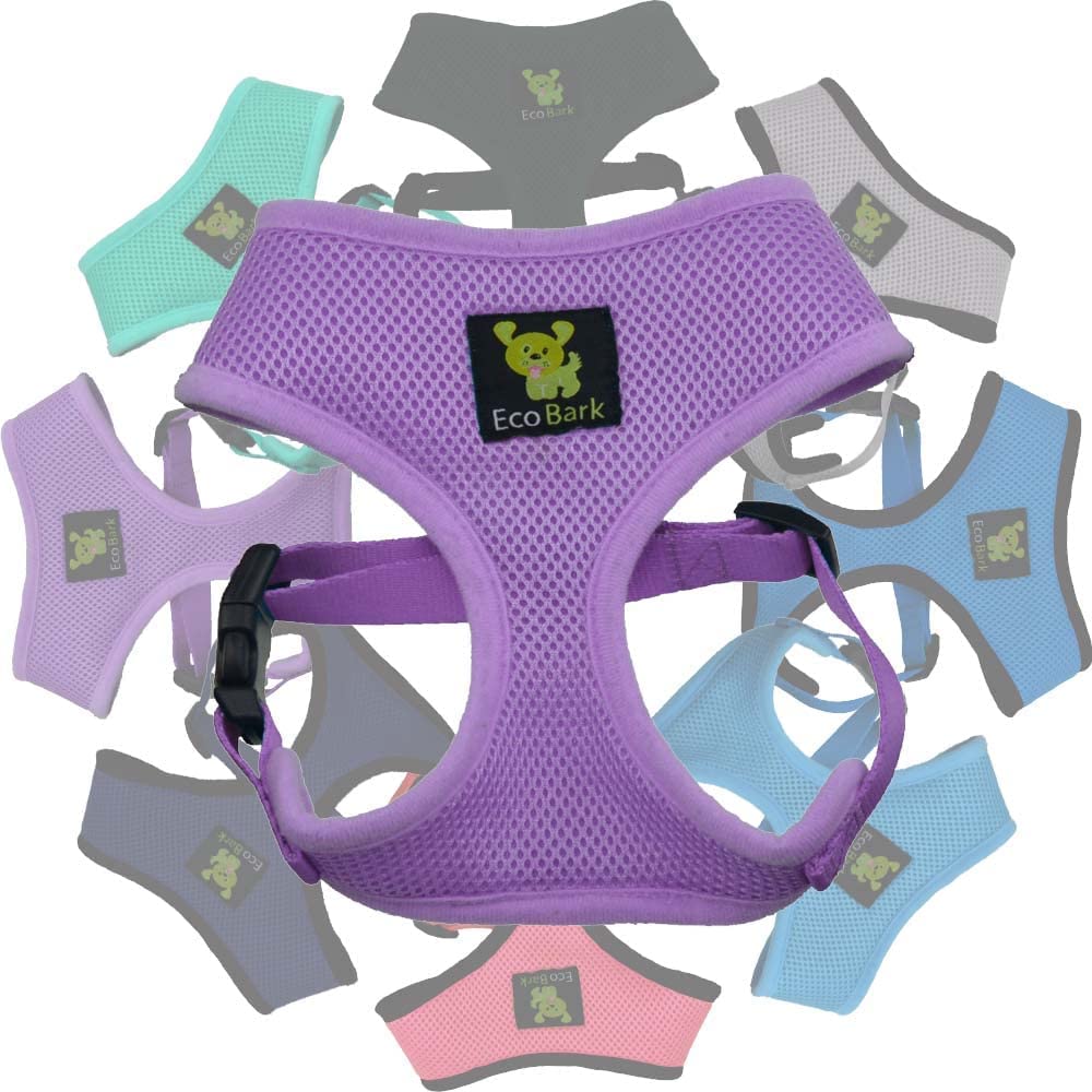 EcoBark Lavender dog harness front view showcases breathable soft mesh for daily walks.