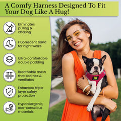 EcoBark pink medium step-in harness on a small dog ready for easy daily adventures