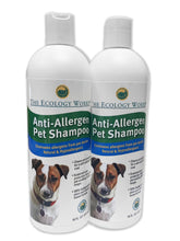 The Ecology Works anti-allergen pet shampoo bottle front shows hypoallergenic formula for sensitive pets.