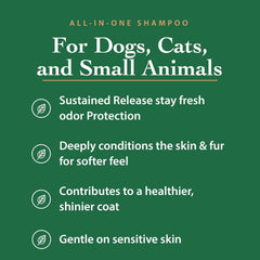 The Ecology Works anti-allergen pet shampoo label closeup shows organic neem extract and biodegradable claims.