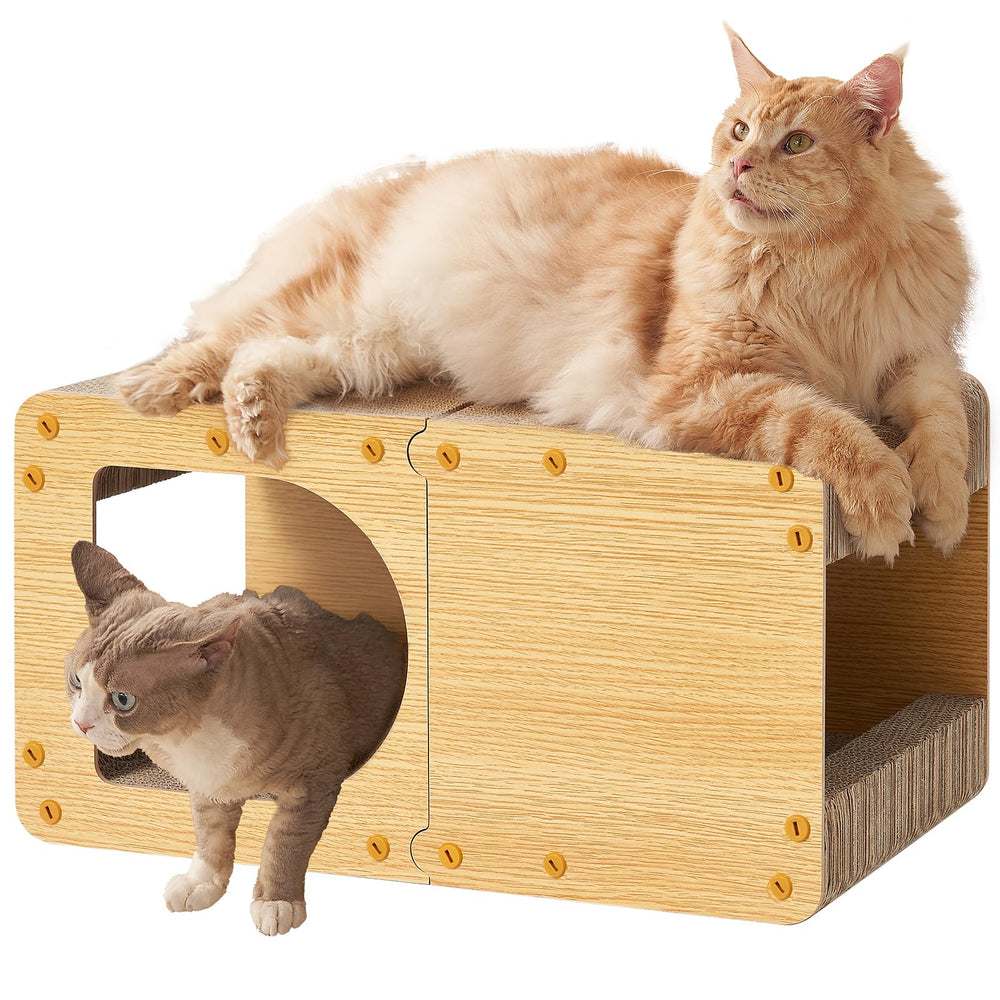 EHEYCIGA cardboard cat scratcher house front view showing durable 23-inch design for daily scratching