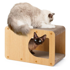 EHEYCIGA cardboard cat scratcher house front view demonstrates durable scratching surface for cats.