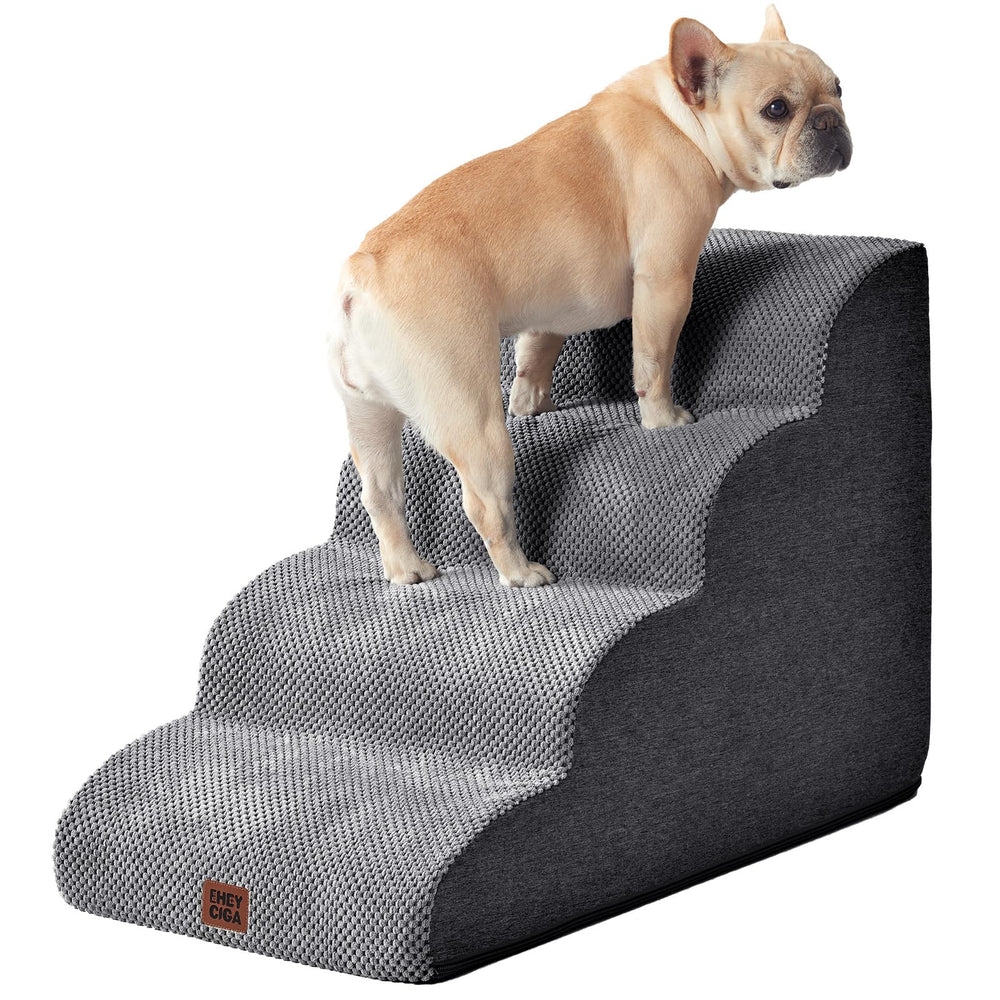EHEYCIGA curved dog stairs grey front view showing non-slip surface for safe bed access