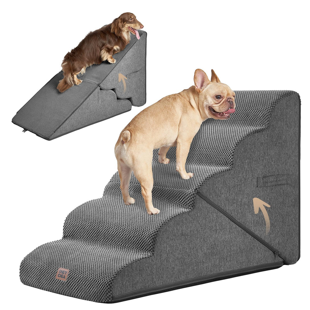 EHEYCIGA curved foldable dog stairs assembled for easy bed access and confident footing.