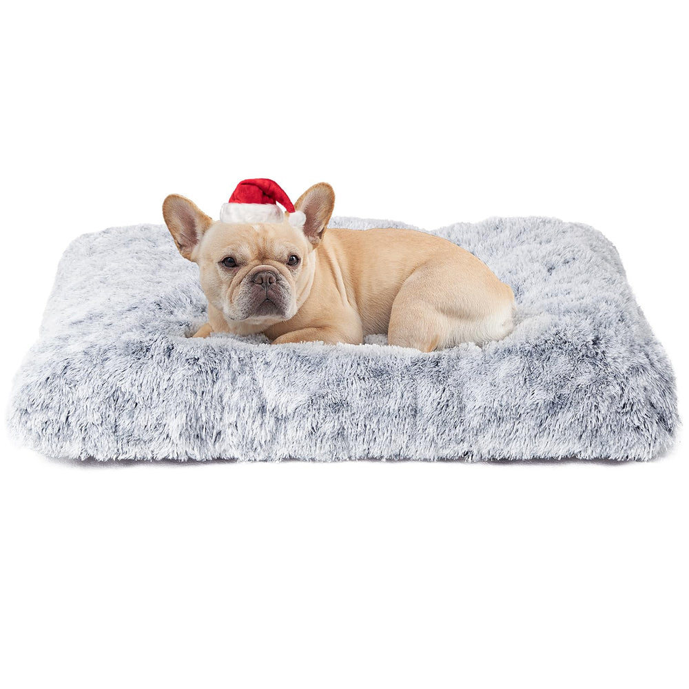 EHEYCIGA fluffy dog crate bed close-up fur highlights plush, secure comfort.