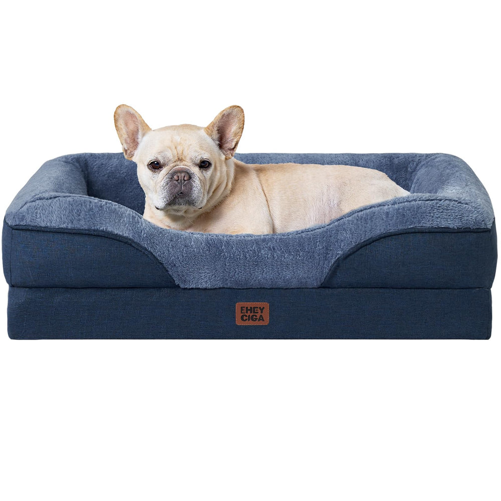 EHEYCIGA memory-foam-dog-bed in navy offers plush sofa-style support for easing joint strain and cozy lounging.
