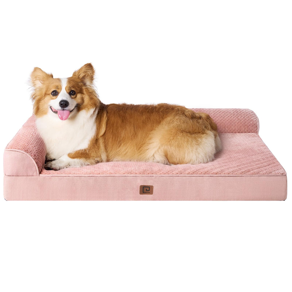EHEYCIGA memory foam dog bed left side view plush pink fabric for comfort
