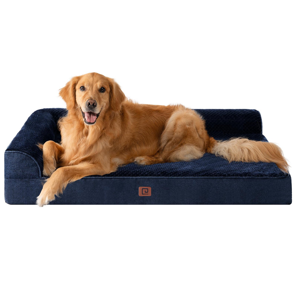 EHEYCIGA memory foam dog bed XL L-shaped design supports neck and head for restful sleep.