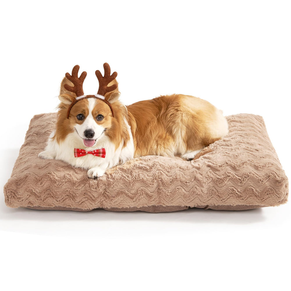 EHEYCIGA washable dog crate bed camel plush fur close-up for cozy naps.