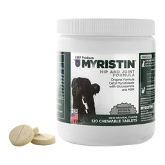 EHP Myristin canine joint supplement image showing a pet owner administering tablets for mobility