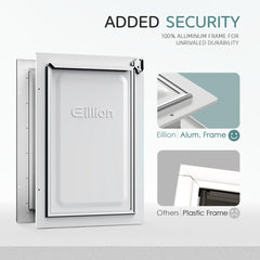 Eillion dog door wall opening with cutout template shows easy installation.