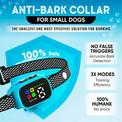 ELECANE Tiny Bark Collar Blue packaging highlights humane approach for home training.