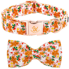 Elegant little tail Christmas dog collar with pink gingerbread bow for festive dogs and holiday photos