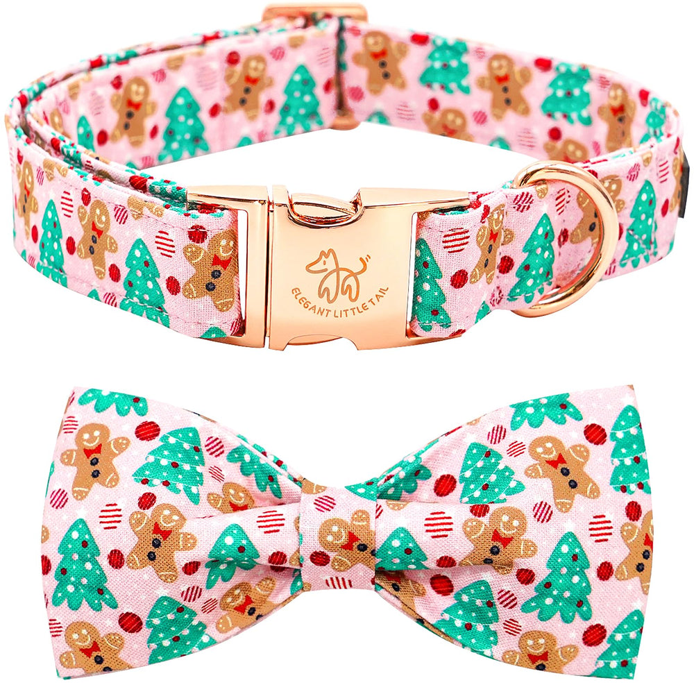 Elegant Little Tail gingerbread-man collar close-up, showing durable cotton and festive print.