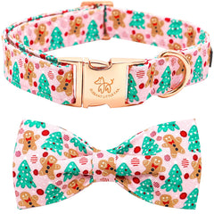 Elegant Little Tail gingerbread-man collar close-up, showing durable cotton and festive print.