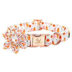 Elegant Little Tail Halloween dog collar pumpkin flower closeup showcases removable floral detail.