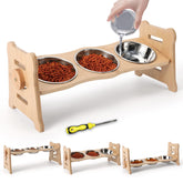 Elevated cat bowls with 10-degree tilt and yellow bamboo stand, front view reduces spills.