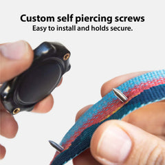Elevation Lab TagVault AirTag dog collar mount on a variety of collars, universal fit for most widths.