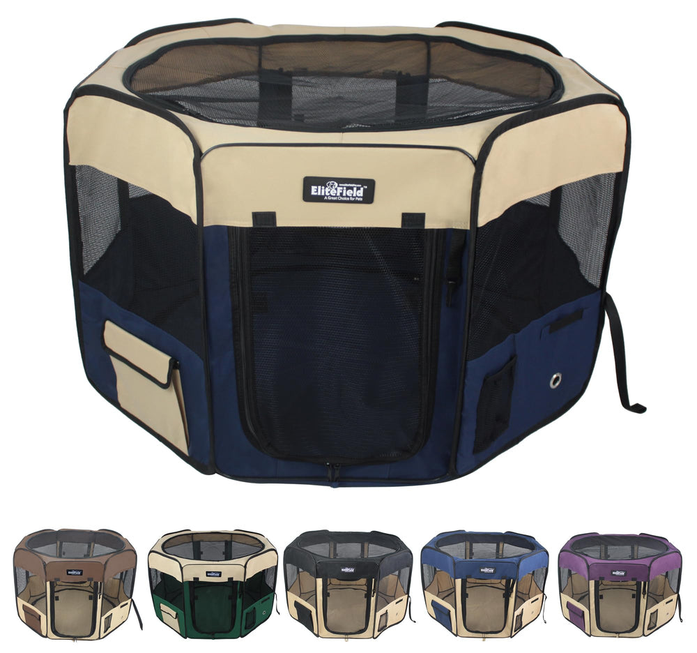 EliteField 2-Door Soft Pet Playpen front view showcases airy hex mesh for ventilation indoors and outdoors.