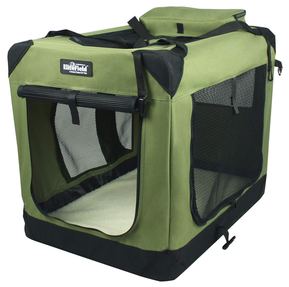 EliteField 3-Door Folding Soft Dog Crate in Sage Green, spacious interior for comfy at-home pets.