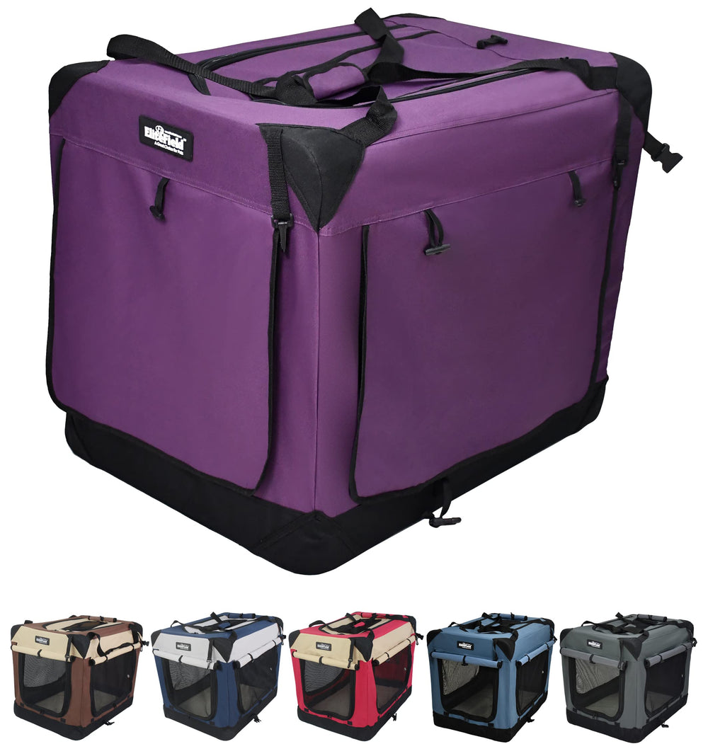 EliteField 4-Door Folding Soft Dog Crate with Curtains shows portable travel-ready setup