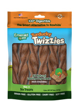 Emerald Pet Twizzies Turducky pack image shows durable turkey-and-duck chews for dogs.