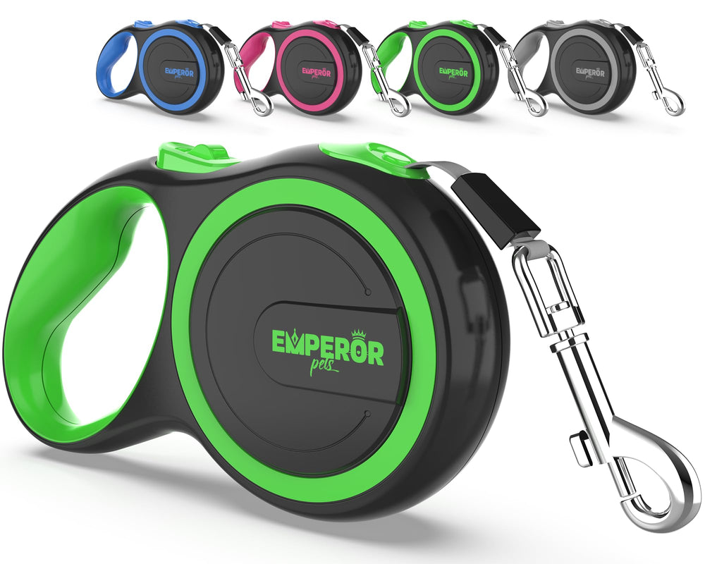 Emperor Pets green 26ft retractable leash for large dogs offers flexible control during outdoor walks.