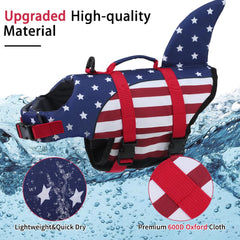 EMUST dog life jacket shark back view emphasizes visibility with bright colors.