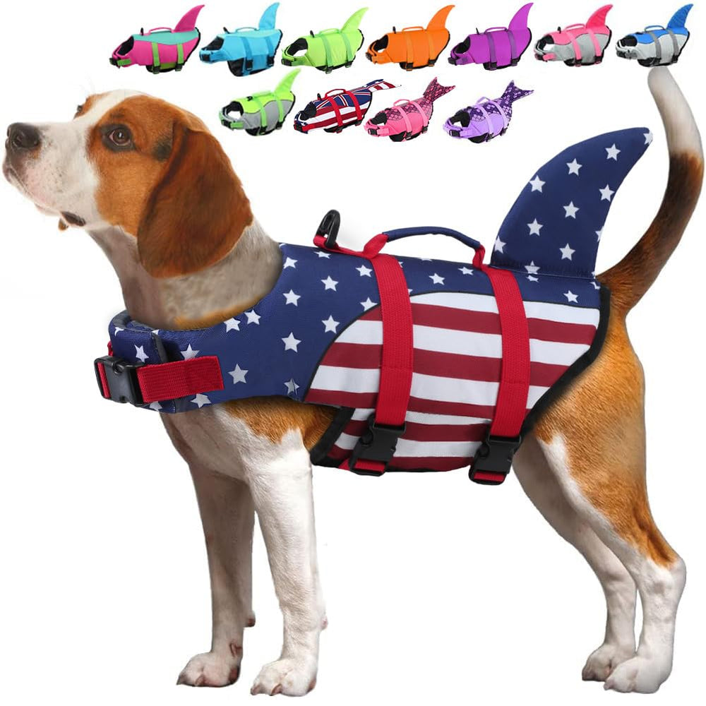 EMUST dog life jacket shark front view shows buoyant fit for swimming.