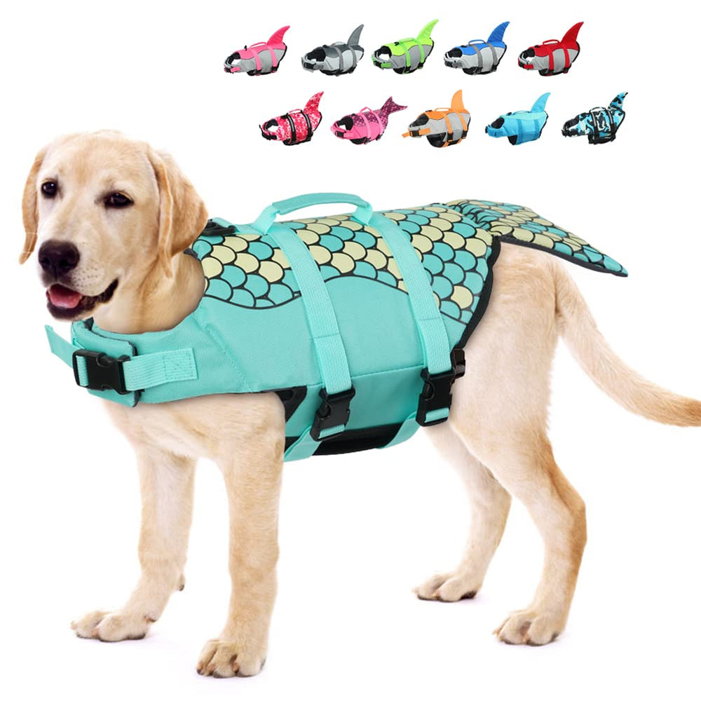 EMUST dog life vest green front view showing buoyant fit for swimming