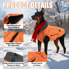 EMUST dog winter jacket back view shows harness-friendly design for outdoor adventures