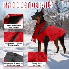 EMUST red dog coat back view highlighting elastic neck and furry collar warmth.