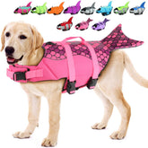 EMUST mermaid life jacket for dogs in portrait highlights buoyant comfort while swimming.