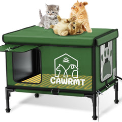Engtesy Outdoor Cat House waterproof exterior in green protects from rain and snow.