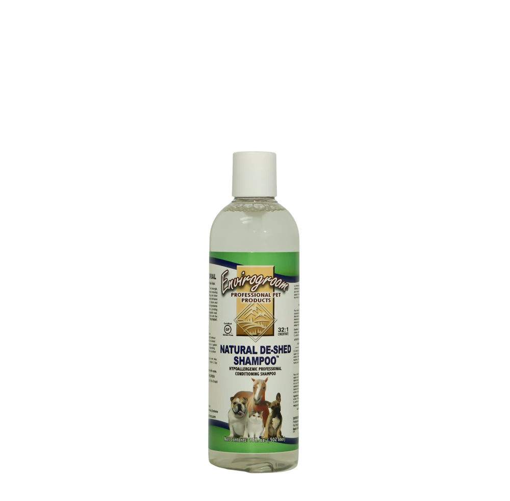 Envirogroom Natural De-Shed Shampoo bottle front view highlighting gentle, non-toxic formula for pets