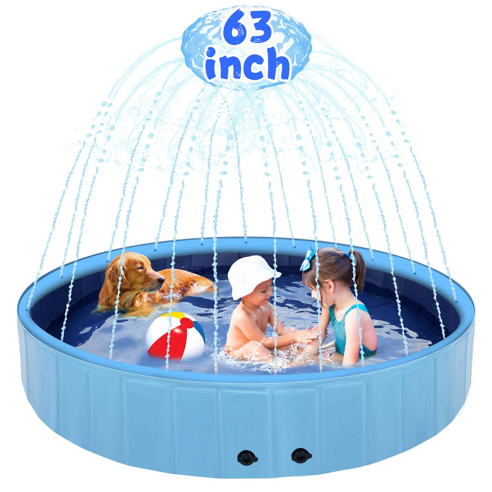 Eooqi 63-inch dog pool with sprinkler for cooling and backyard fun.