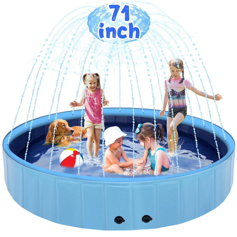 Eooqi 71-inch large dog pool with sprinkler for outdoor cooling and play.