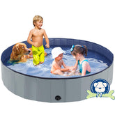 Eooqi foldable dog pool in gray ready for quick outdoor pet baths.